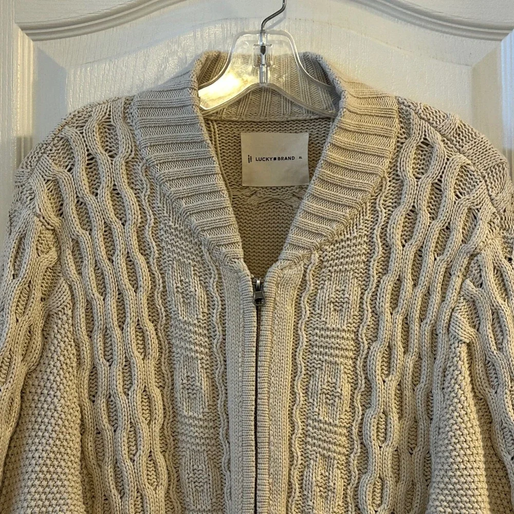 Lucky Brand Mens Cream Cable Knit Full Zip‎ Cardigan Sweater XL